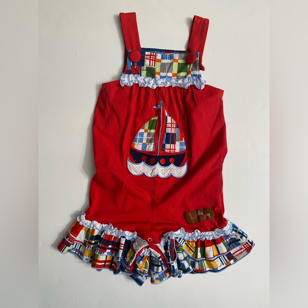 Millie Jay Spring Red Romper nautical Ruffle detail Toddler Girl 12 Months